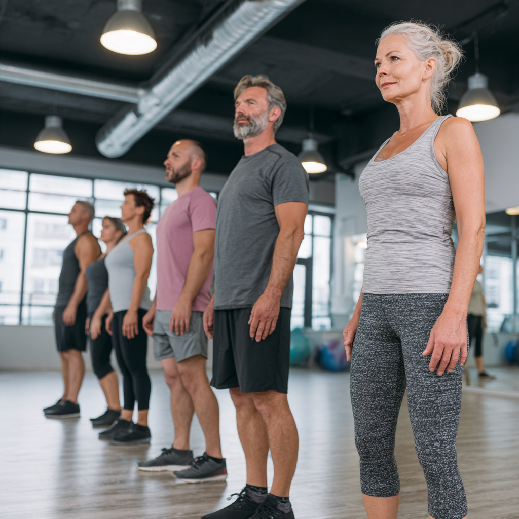 Group of white ukranian middle-aged adults exercising together in modern fitness facility