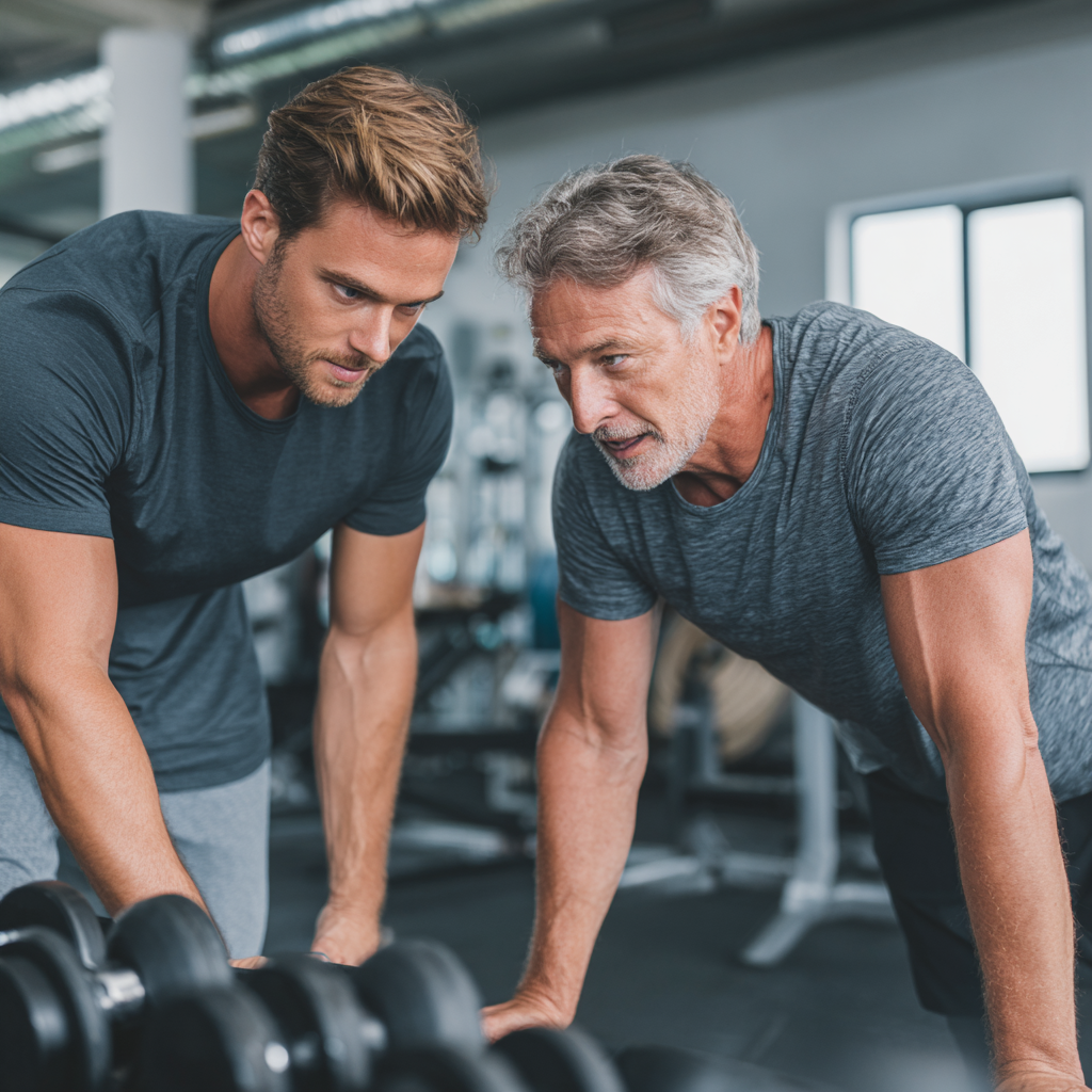 experienced fitness coach guiding middle-aged person through workout routine